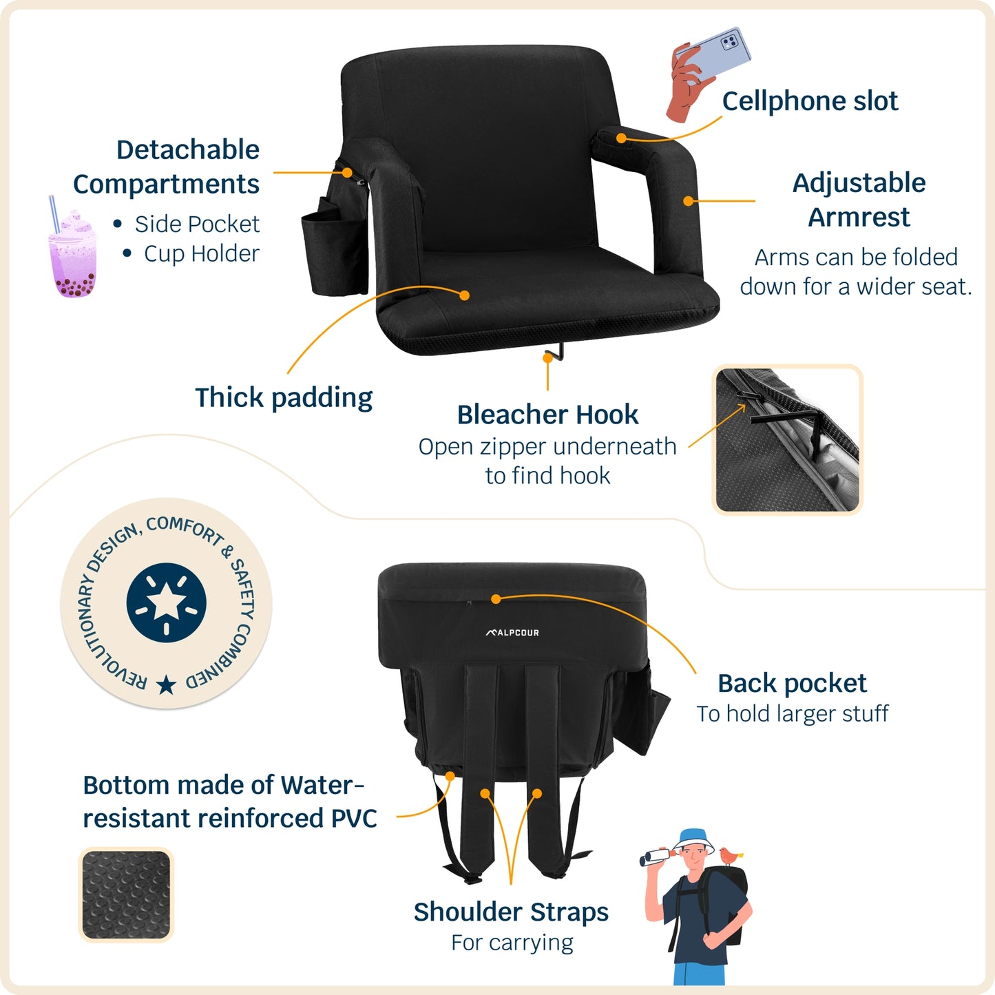 Reclining Stadium Seat with Armrests